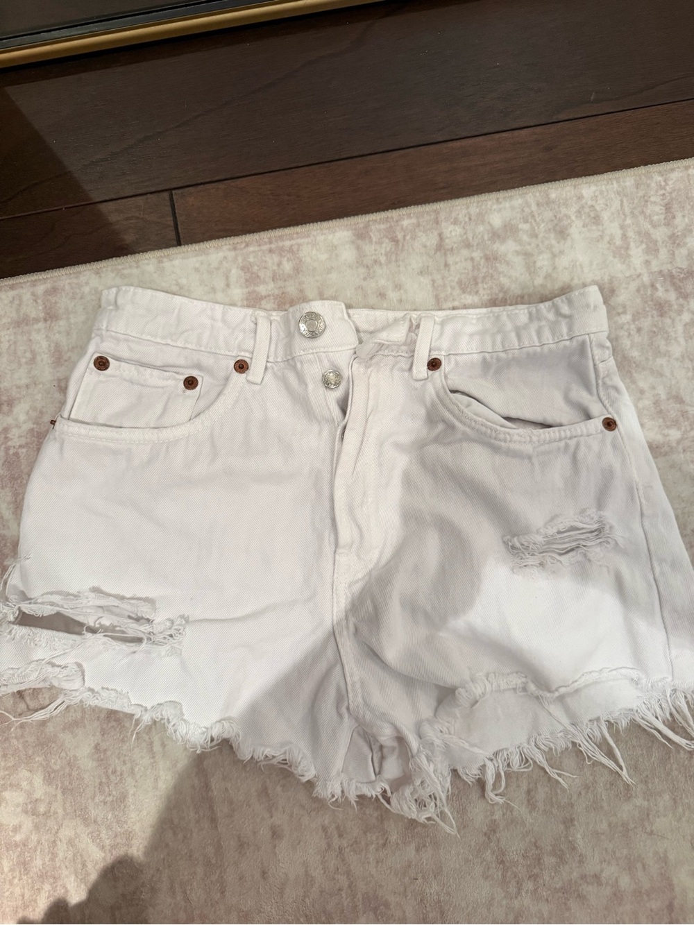 Zara White Distressed Denim Shorts